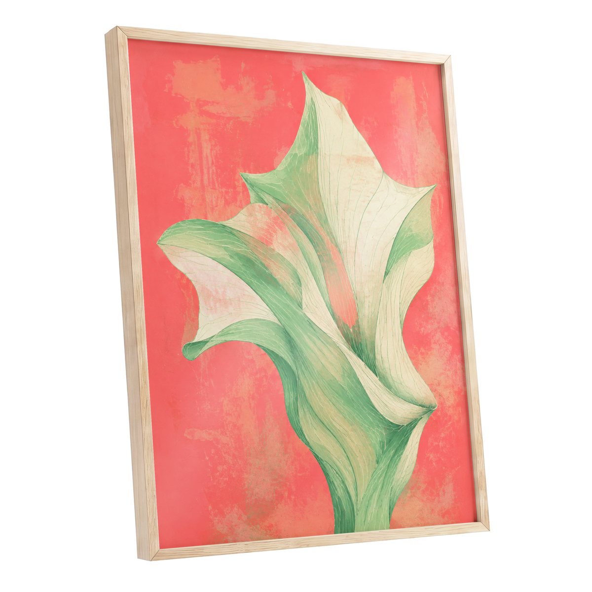 Coral Leaf Reverie, green, beige, pink nature wall art shown as a oak framed poster wall art print
