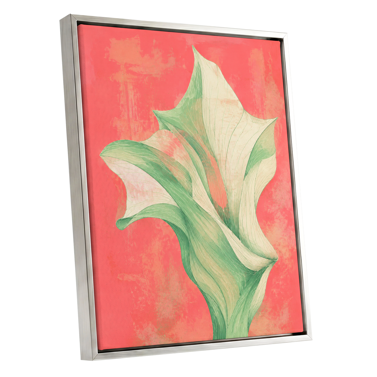 Coral Leaf Reverie, green, beige, pink nature wall art shown as a silver framed canvas wall art