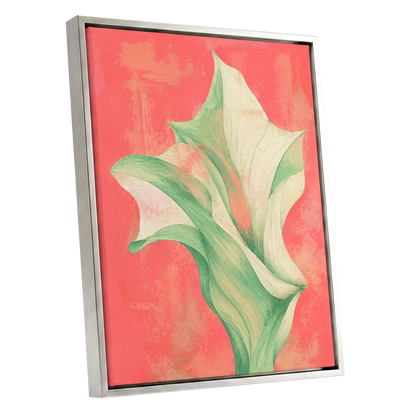 Coral Leaf Reverie, green, beige, pink nature wall art shown as a silver framed canvas wall art