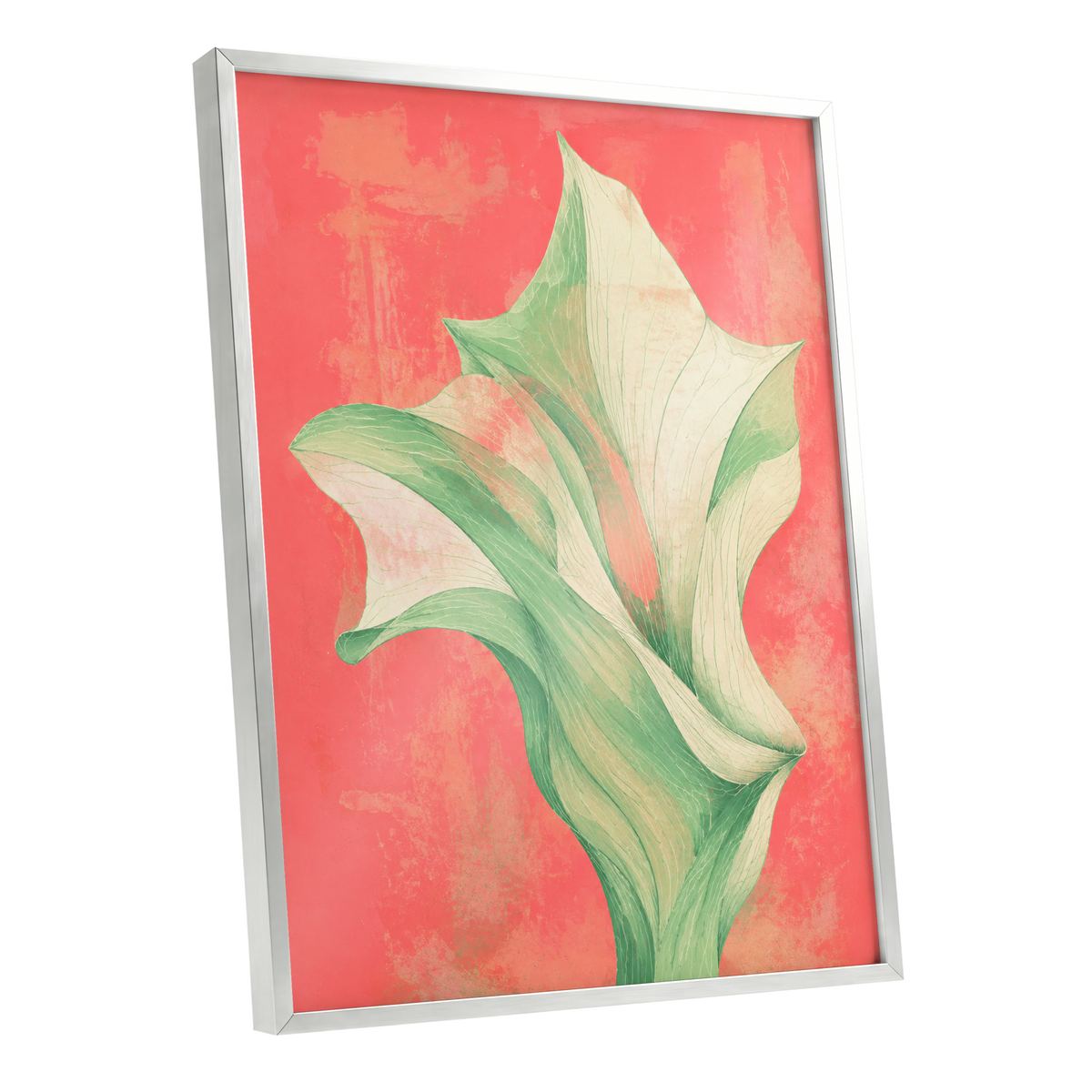 Coral Leaf Reverie, green, beige, pink nature wall art shown as a silver framed poster wall art print