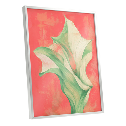 Coral Leaf Reverie, green, beige, pink nature wall art shown as a silver framed poster wall art print