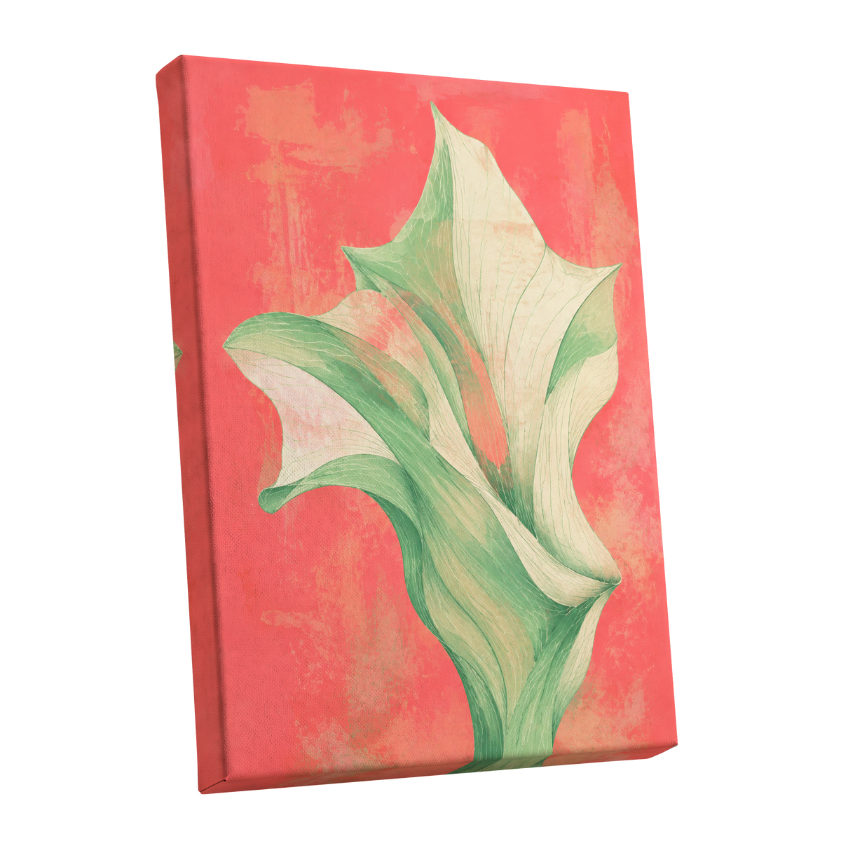 Coral Leaf Reverie, green, beige, pink nature wall art shown as a stretched canvas wall art