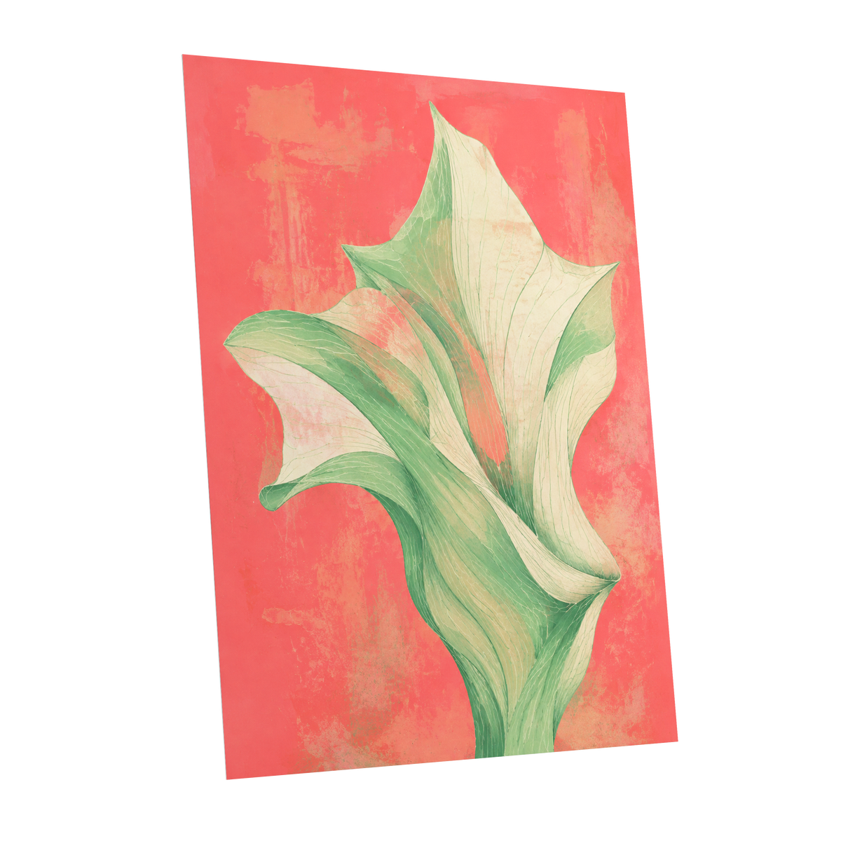Coral Leaf Reverie, green, beige, pink nature wall art shown as a unframed poster wall art print