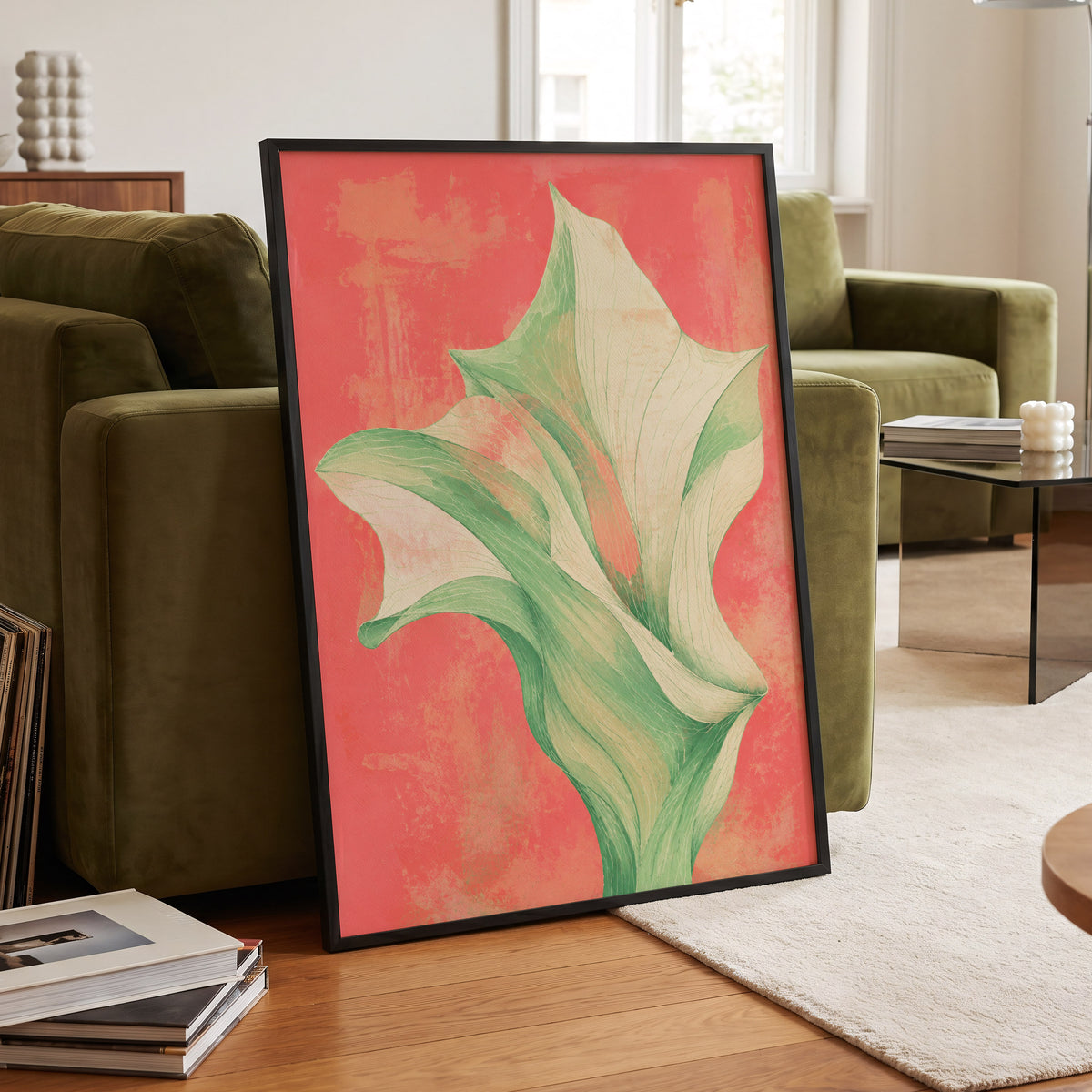 Coral Leaf Reverie, green, beige, pink nature wall art displayed in a styled interior, gallery view 2