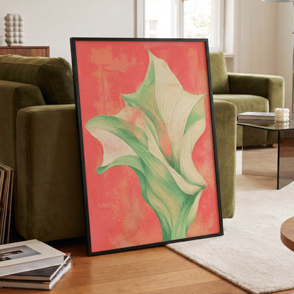 Coral Leaf Reverie, green, beige, pink nature wall art displayed in a styled interior, gallery view 2