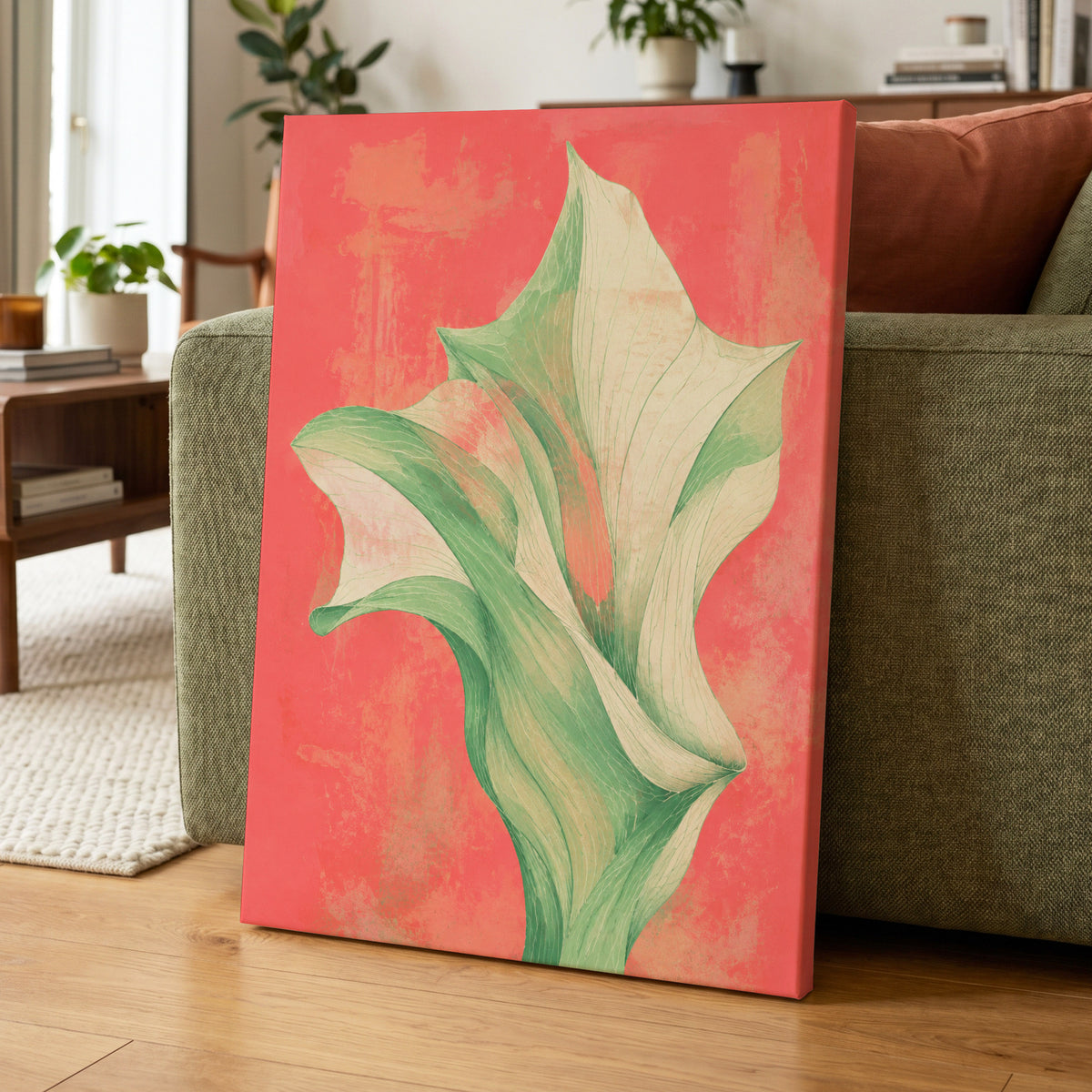 Coral Leaf Reverie, green, beige, pink nature wall art displayed in a styled interior, gallery view 3