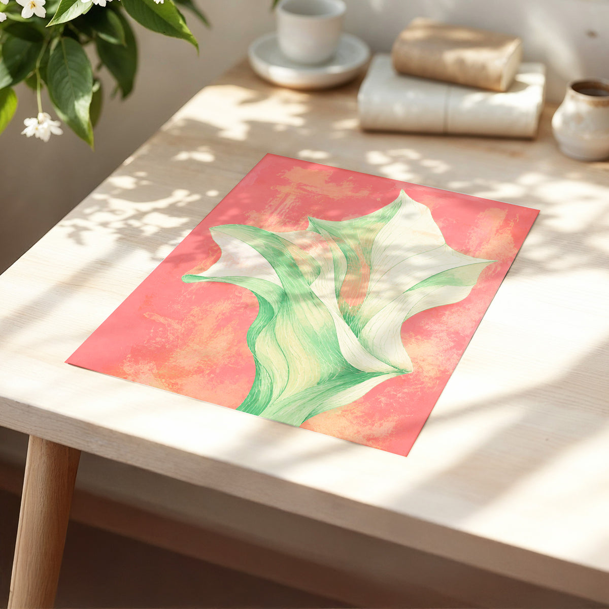 Coral Leaf Reverie, green, beige, pink nature wall art displayed in a styled interior, gallery view 5
