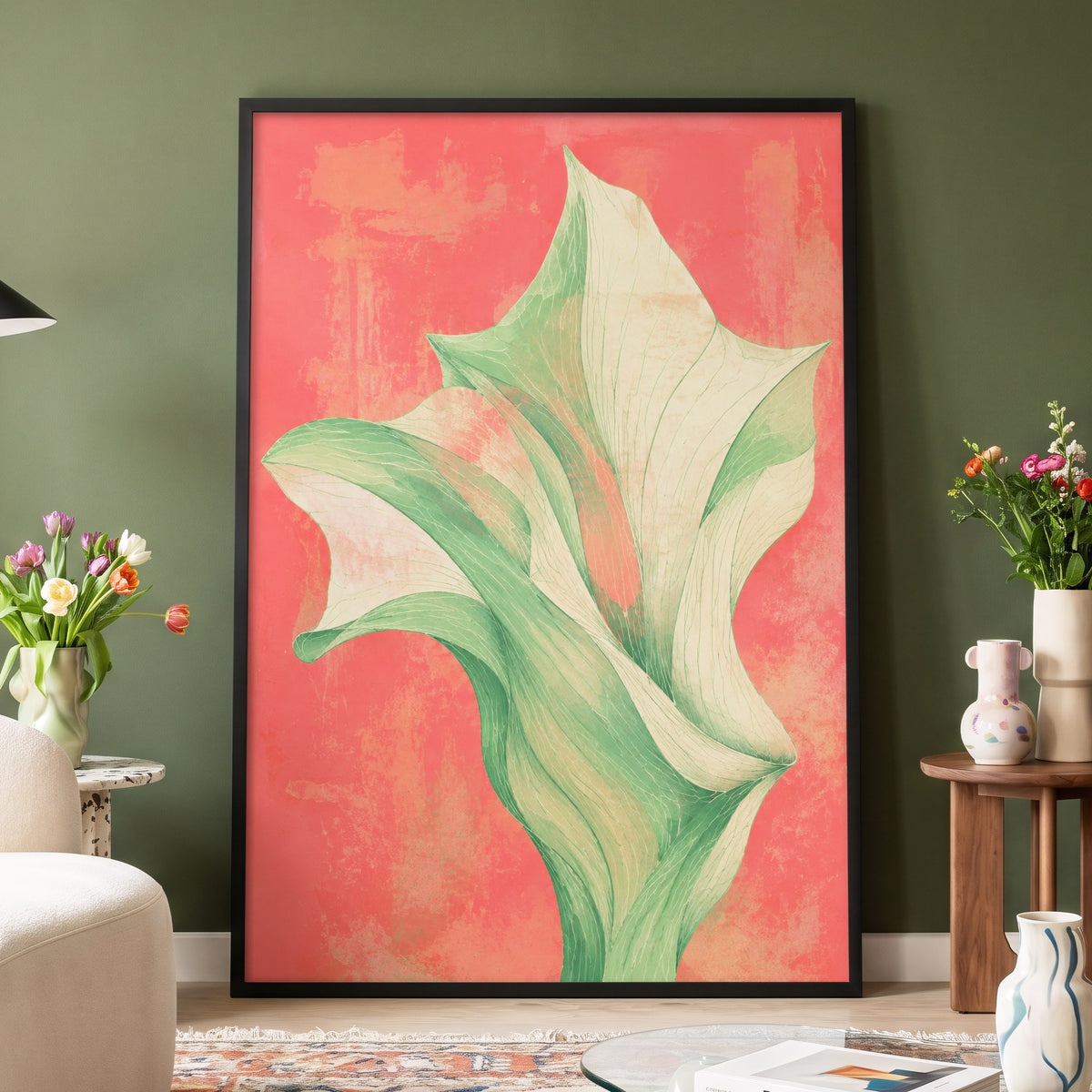 Coral Leaf Reverie, green, beige, pink nature wall art displayed in a styled interior, gallery view 6