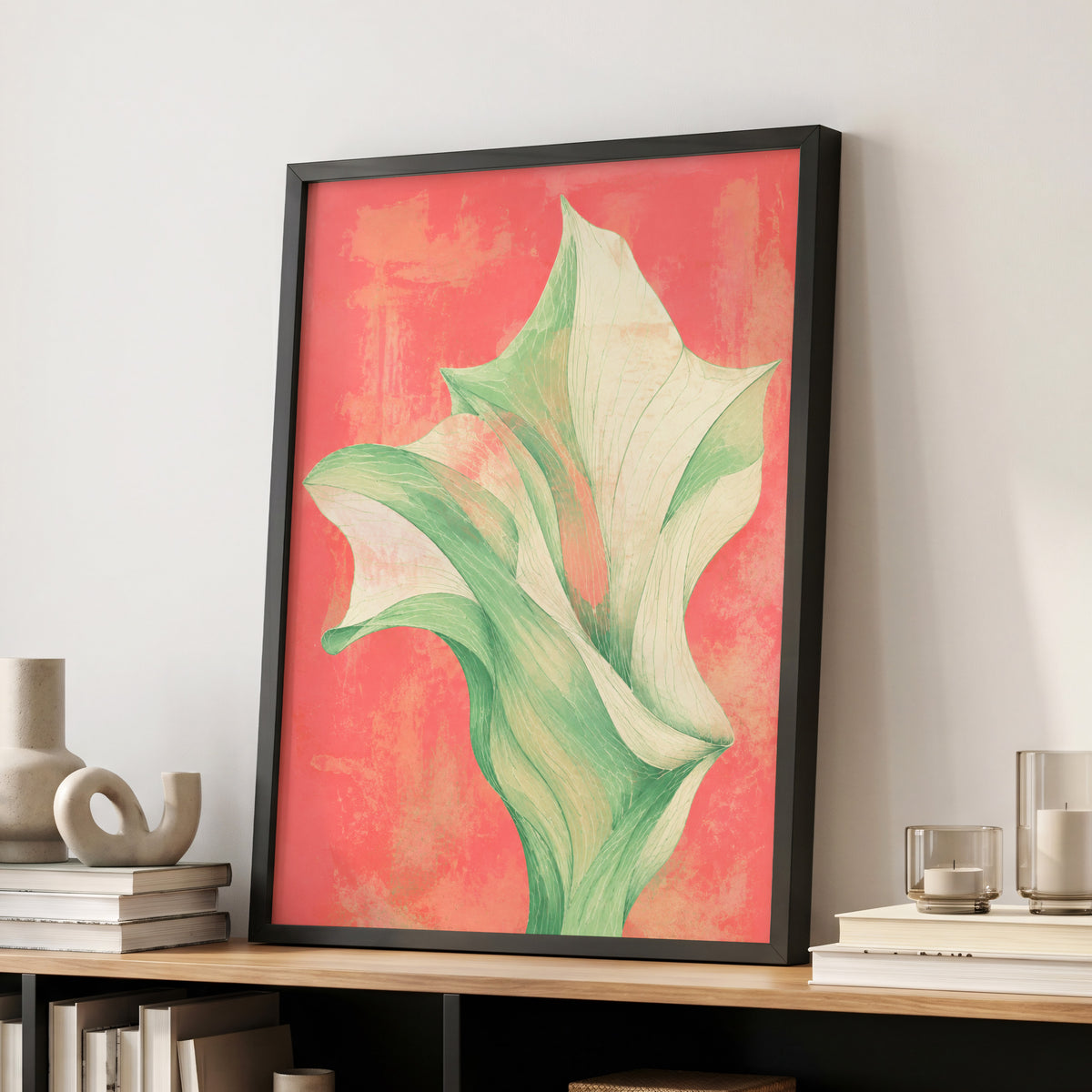 Coral Leaf Reverie, green, beige, pink nature wall art displayed in a styled interior, gallery view 9
