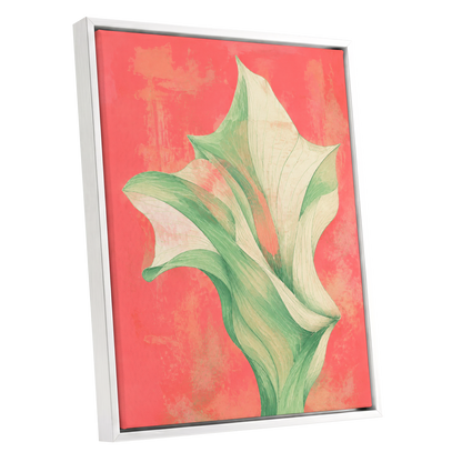 Coral Leaf Reverie, green, beige, pink nature wall art shown as a white framed canvas wall art