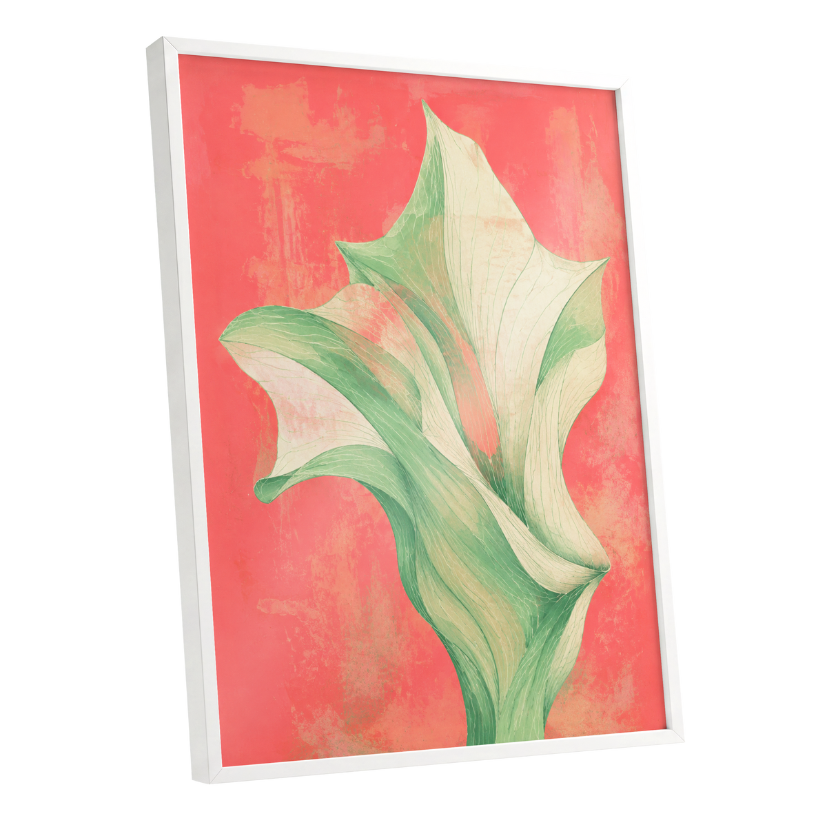 Coral Leaf Reverie, green, beige, pink nature wall art shown as a white framed poster wall art print