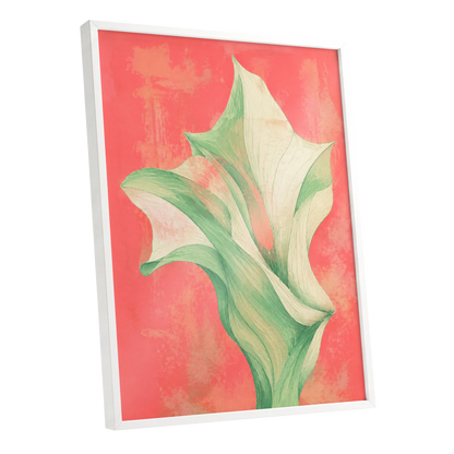 Coral Leaf Reverie, green, beige, pink nature wall art shown as a white framed poster wall art print