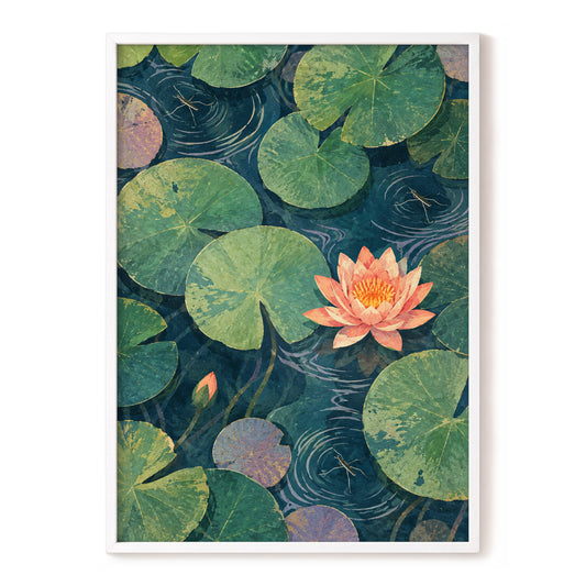 Coral Lily Ripples, green, blue, pink floral wall art, front artwork view