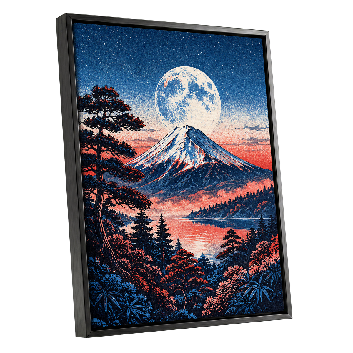 Coral Moonrise, blue, black, pink nature wall art shown as a black framed canvas wall art