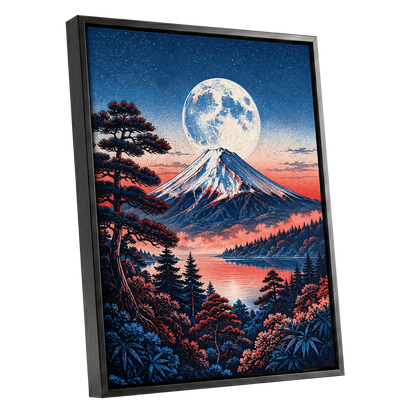 Coral Moonrise, blue, black, pink nature wall art shown as a black framed canvas wall art