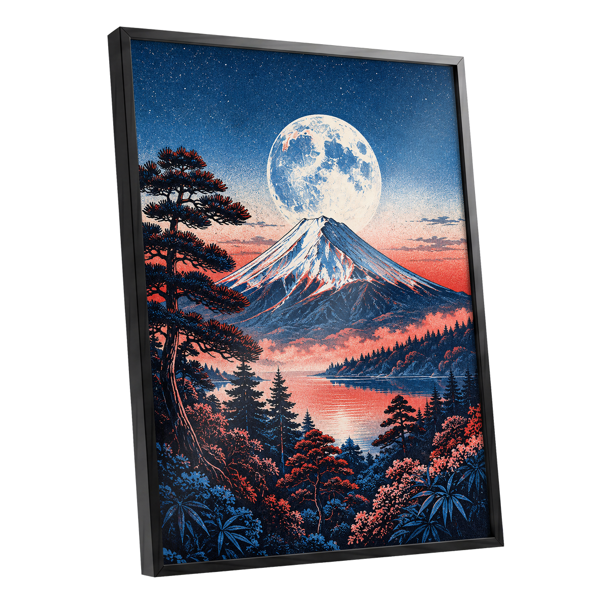 Coral Moonrise, blue, black, pink nature wall art shown as a black framed poster wall art print