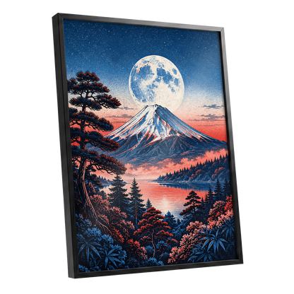 Coral Moonrise, blue, black, pink nature wall art shown as a black framed poster wall art print