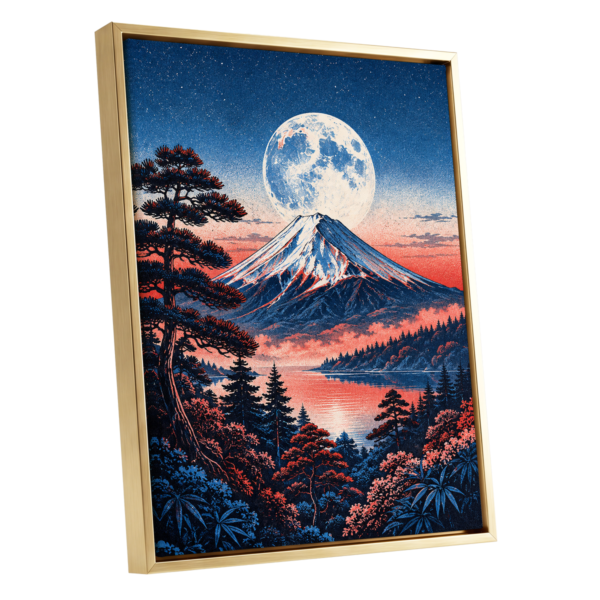 Coral Moonrise, blue, black, pink nature wall art shown as a gold framed canvas wall art