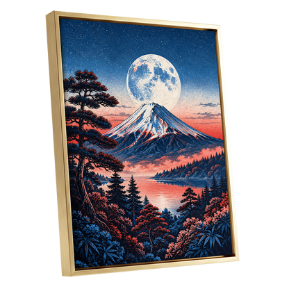 Coral Moonrise, blue, black, pink nature wall art shown as a gold framed canvas wall art