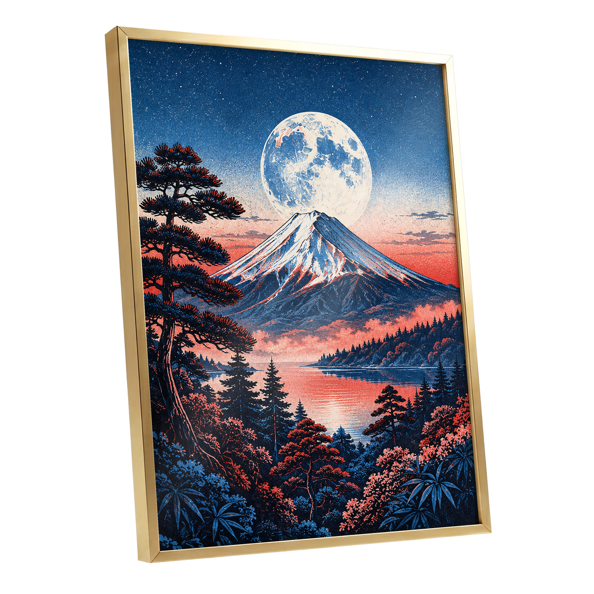 Coral Moonrise, blue, black, pink nature wall art shown as a gold framed poster wall art print