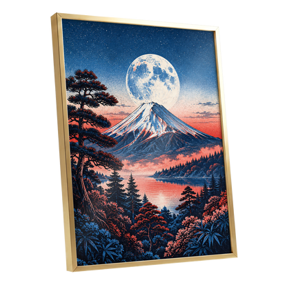 Coral Moonrise, blue, black, pink nature wall art shown as a gold framed poster wall art print