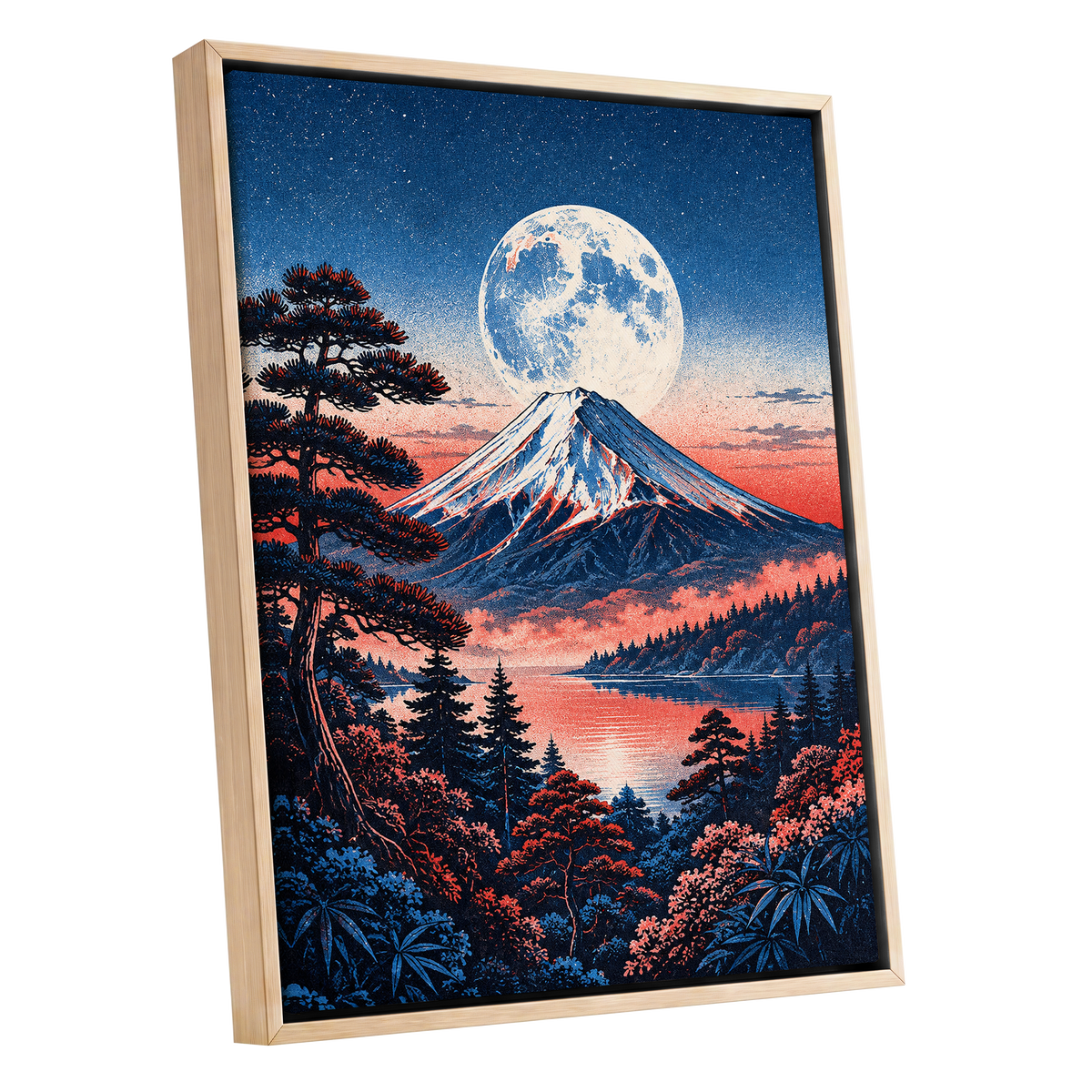 Coral Moonrise, blue, black, pink nature wall art shown as a oak framed canvas wall art
