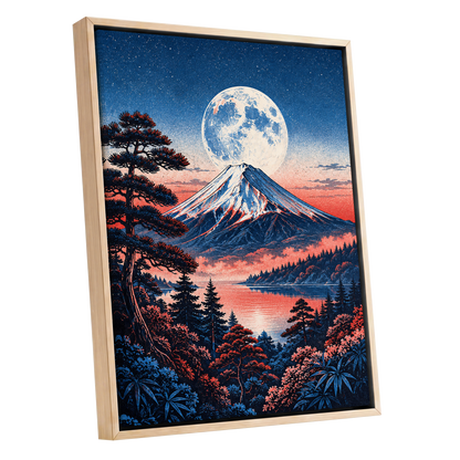 Coral Moonrise, blue, black, pink nature wall art shown as a oak framed canvas wall art