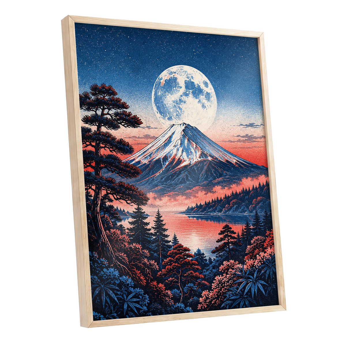 Coral Moonrise, blue, black, pink nature wall art shown as a oak framed poster wall art print