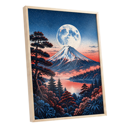Coral Moonrise, blue, black, pink nature wall art shown as a oak framed poster wall art print