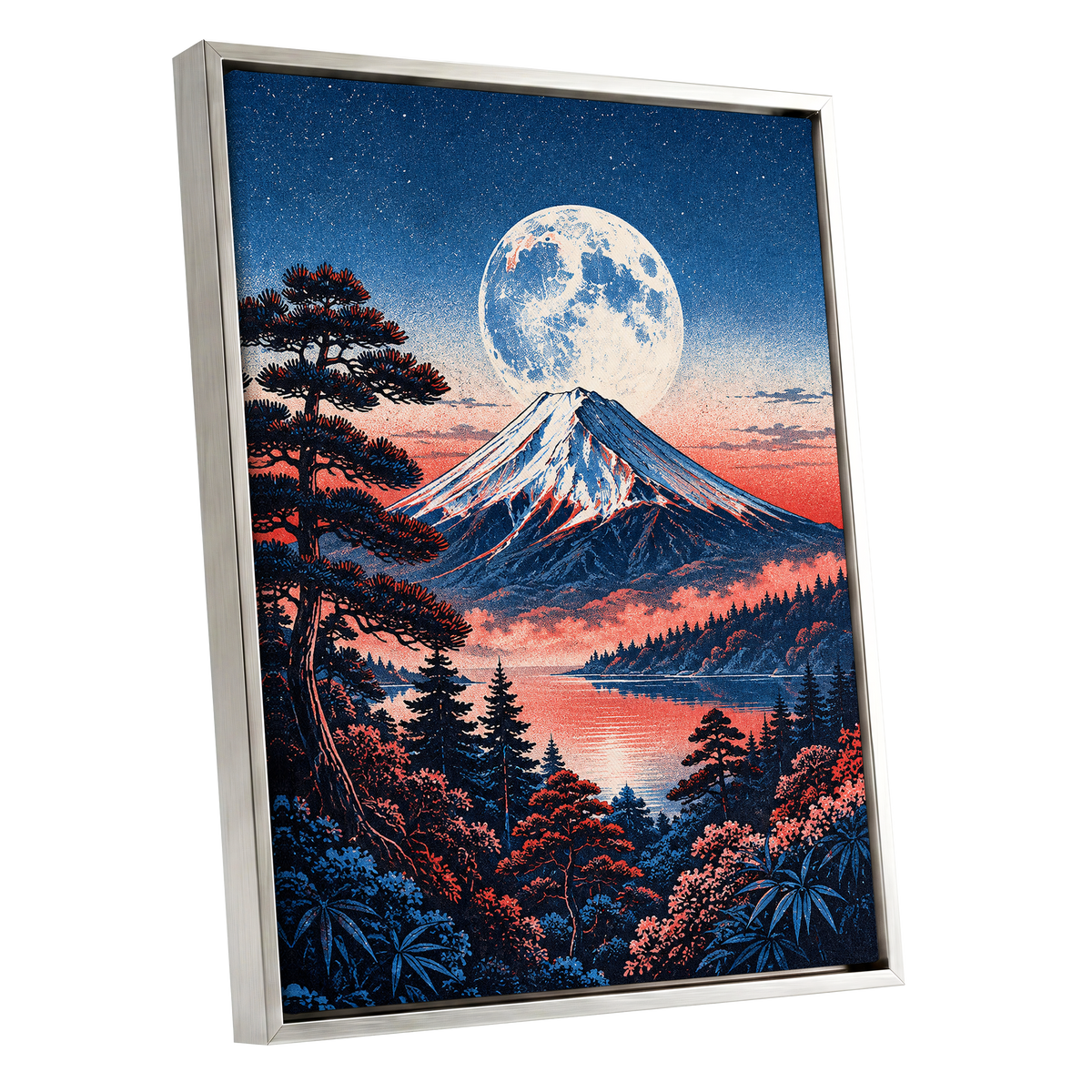Coral Moonrise, blue, black, pink nature wall art shown as a silver framed canvas wall art