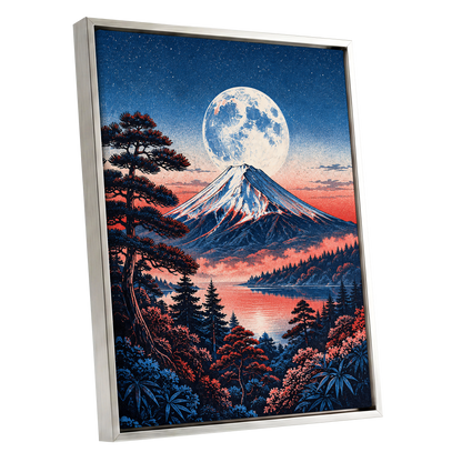 Coral Moonrise, blue, black, pink nature wall art shown as a silver framed canvas wall art
