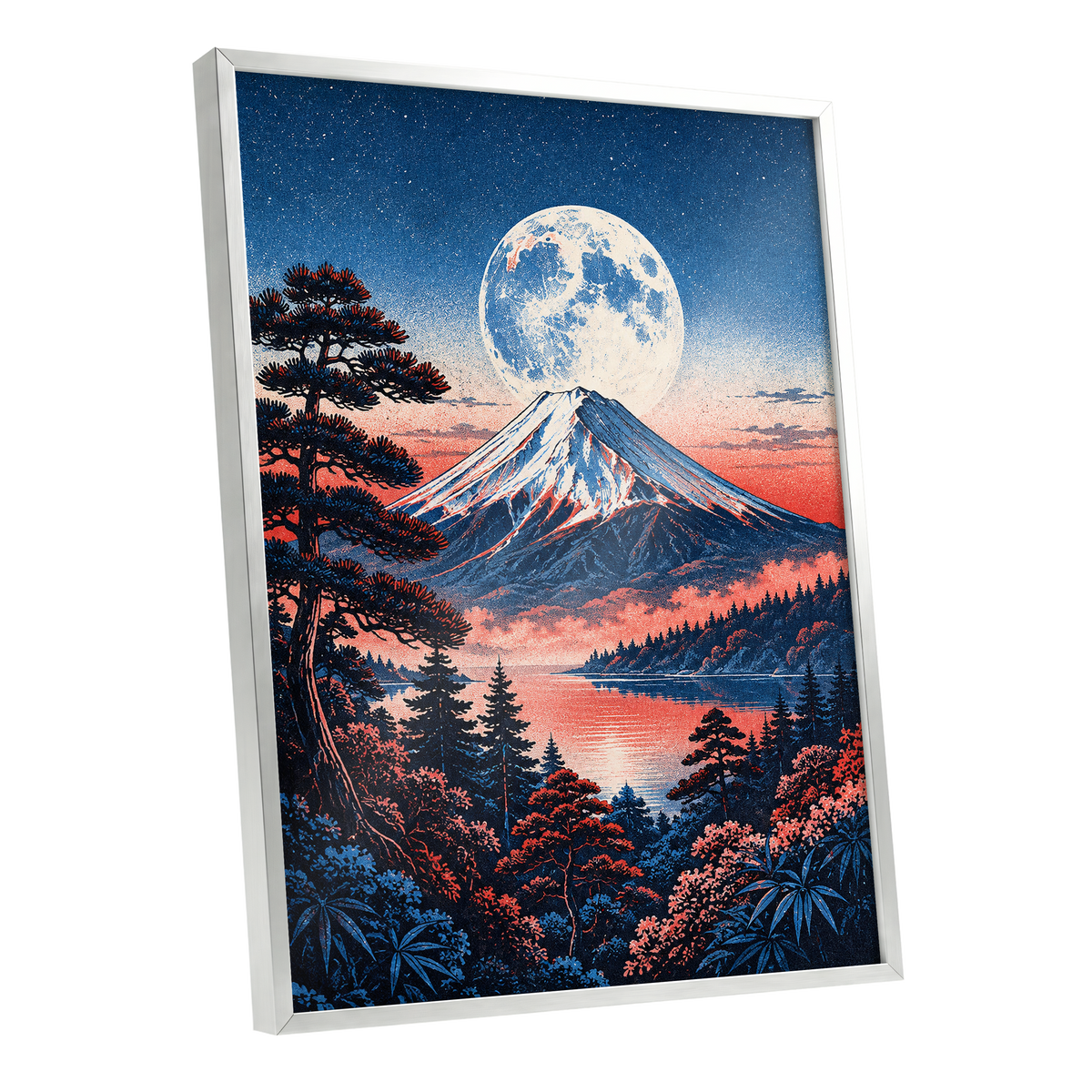 Coral Moonrise, blue, black, pink nature wall art shown as a silver framed poster wall art print