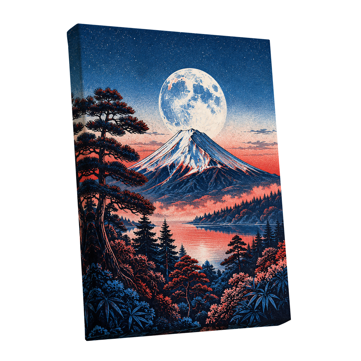 Coral Moonrise, blue, black, pink nature wall art shown as a stretched canvas wall art