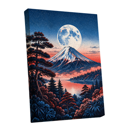 Coral Moonrise, blue, black, pink nature wall art shown as a stretched canvas wall art