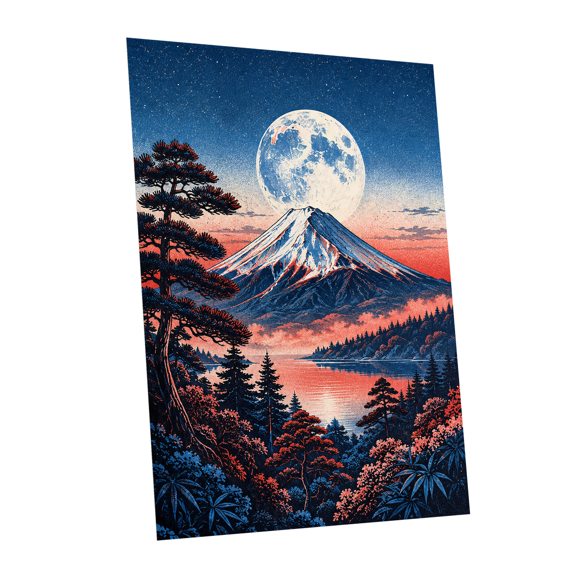 Coral Moonrise, blue, black, pink nature wall art shown as a unframed poster wall art print
