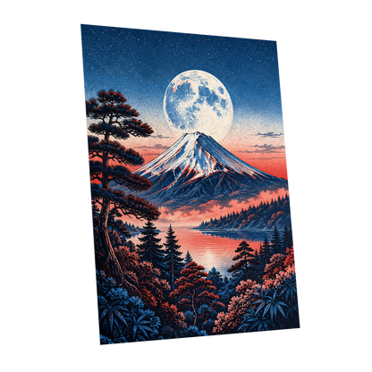 Coral Moonrise, blue, black, pink nature wall art shown as a unframed poster wall art print