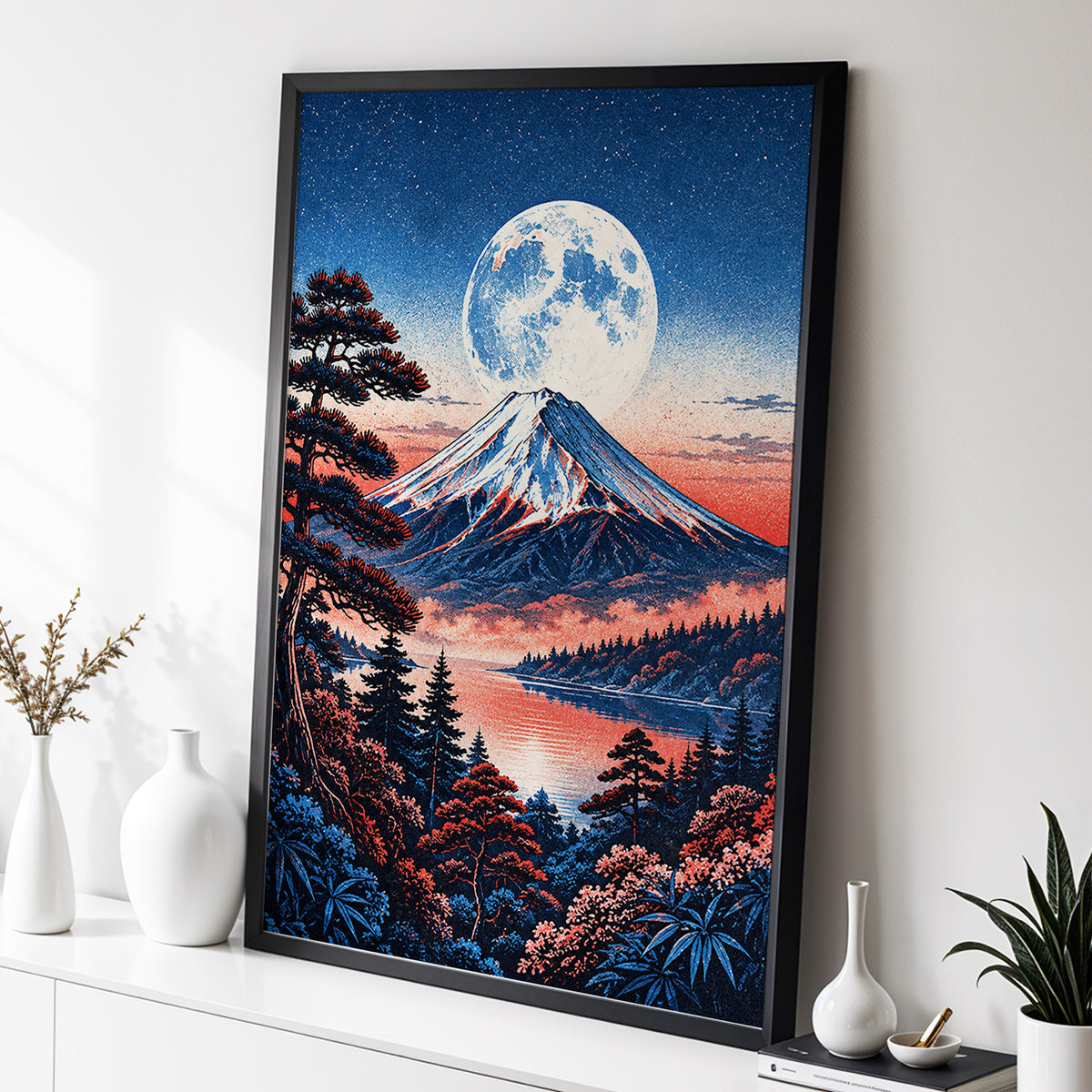 Coral Moonrise, blue, black, pink nature wall art displayed in a styled interior, gallery view 2