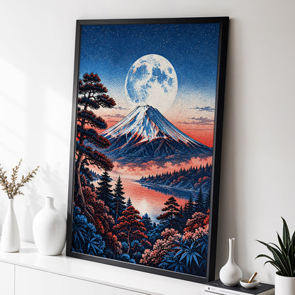 Coral Moonrise, blue, black, pink nature wall art displayed in a styled interior, gallery view 2