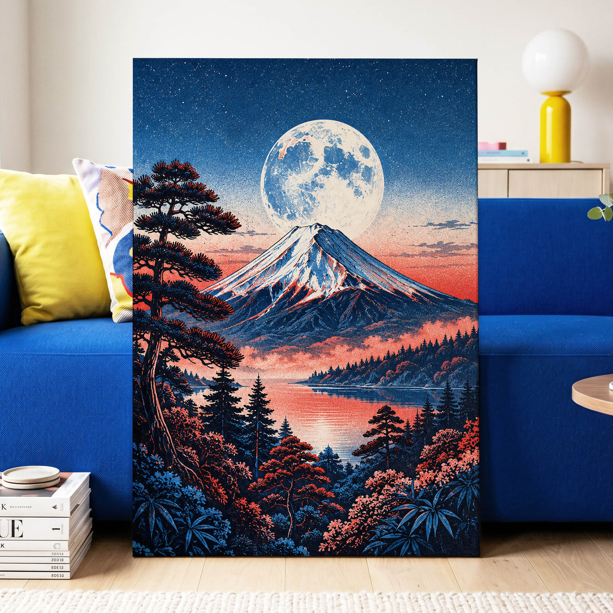 Coral Moonrise, blue, black, pink nature wall art displayed in a styled interior, gallery view 3