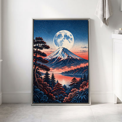 Coral Moonrise, blue, black, pink nature wall art displayed in a styled interior, gallery view 4