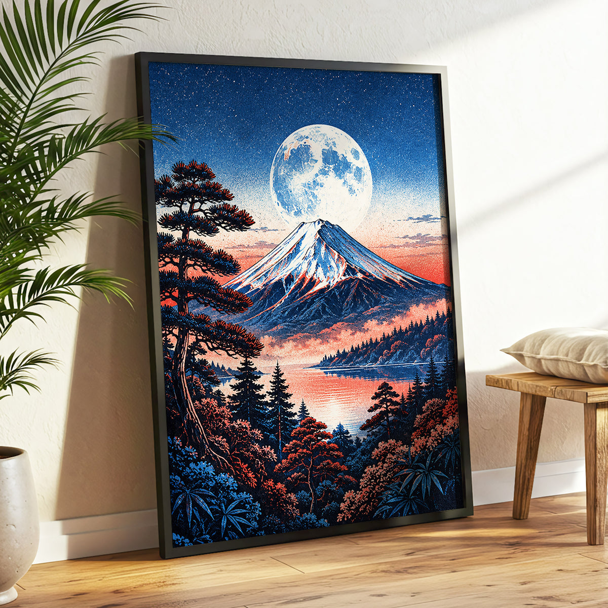 Coral Moonrise, blue, black, pink nature wall art displayed in a styled interior, gallery view 6