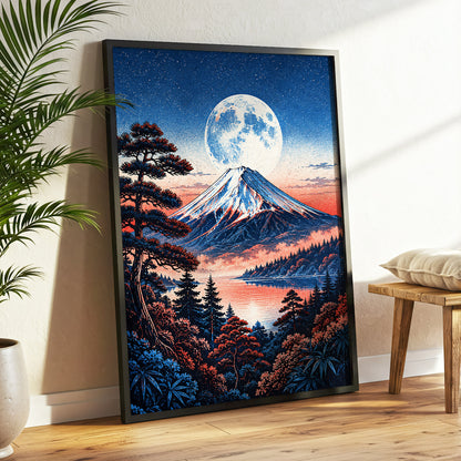 Coral Moonrise, blue, black, pink nature wall art displayed in a styled interior, gallery view 6