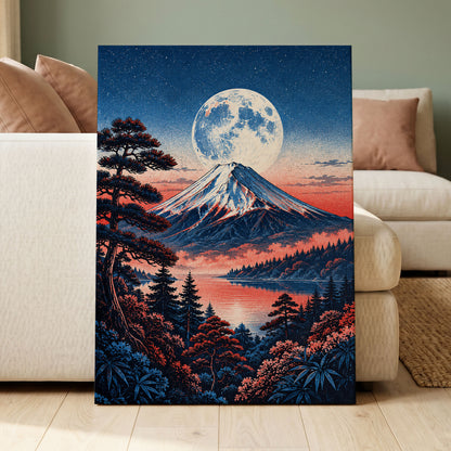 Coral Moonrise, blue, black, pink nature wall art displayed in a styled interior, gallery view 7