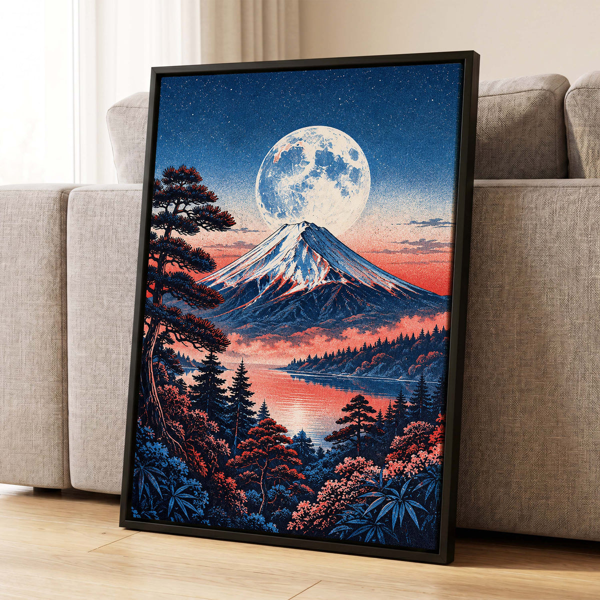 Coral Moonrise, blue, black, pink nature wall art displayed in a styled interior, gallery view 8
