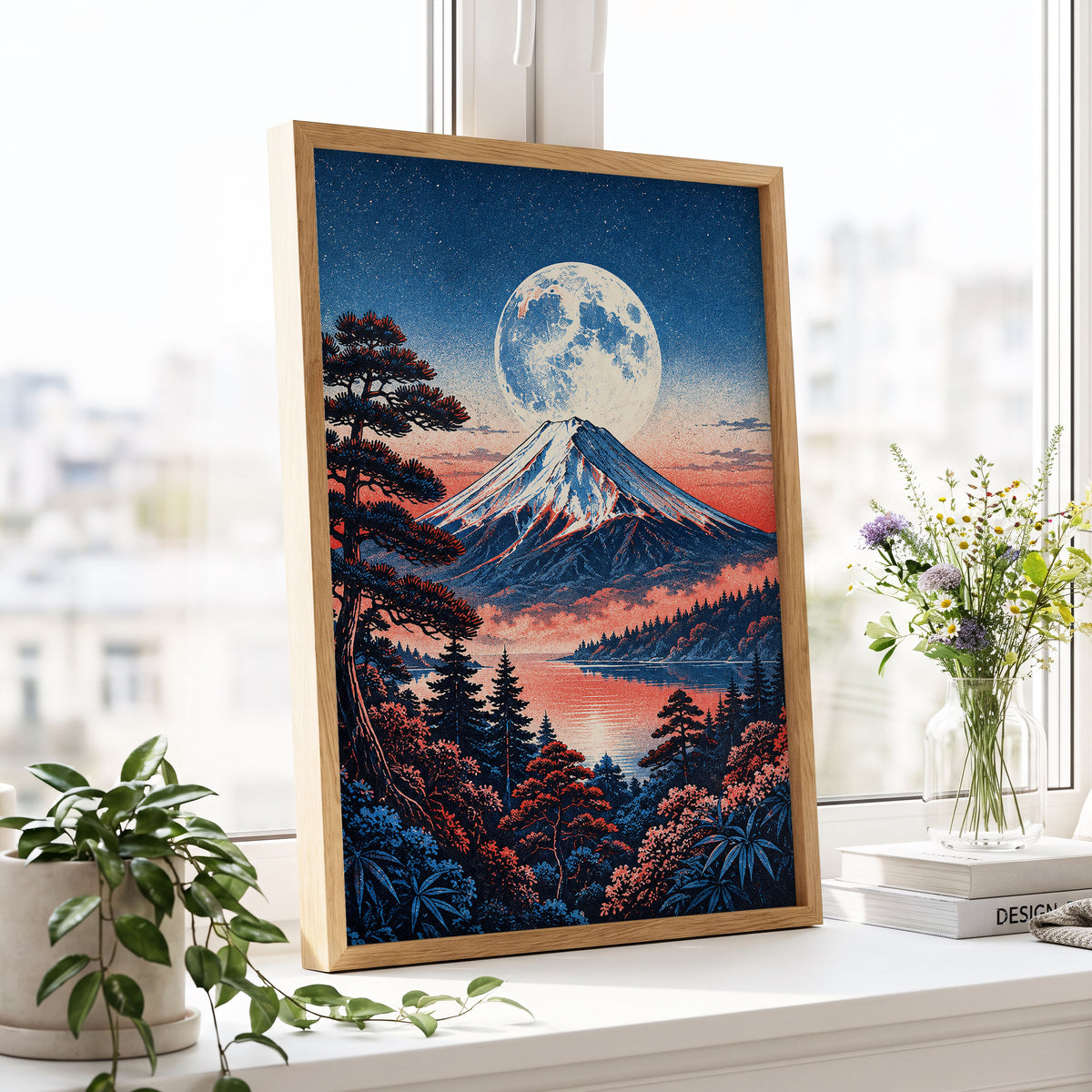 Coral Moonrise, blue, black, pink nature wall art displayed in a styled interior, gallery view 9
