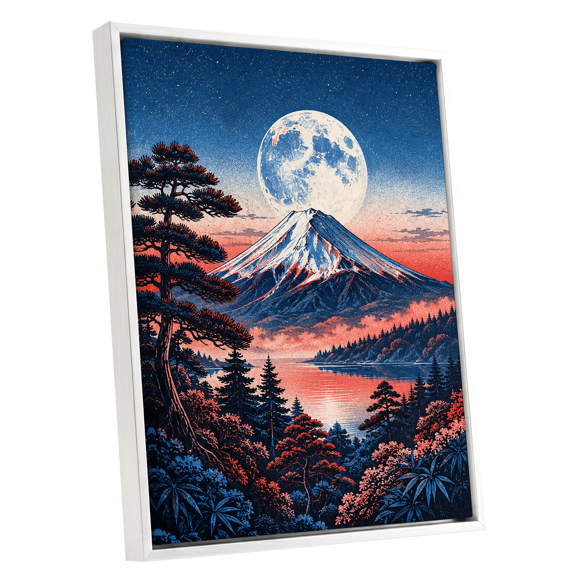 Coral Moonrise, blue, black, pink nature wall art shown as a white framed canvas wall art