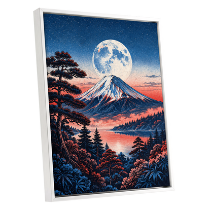 Coral Moonrise, blue, black, pink nature wall art shown as a white framed canvas wall art
