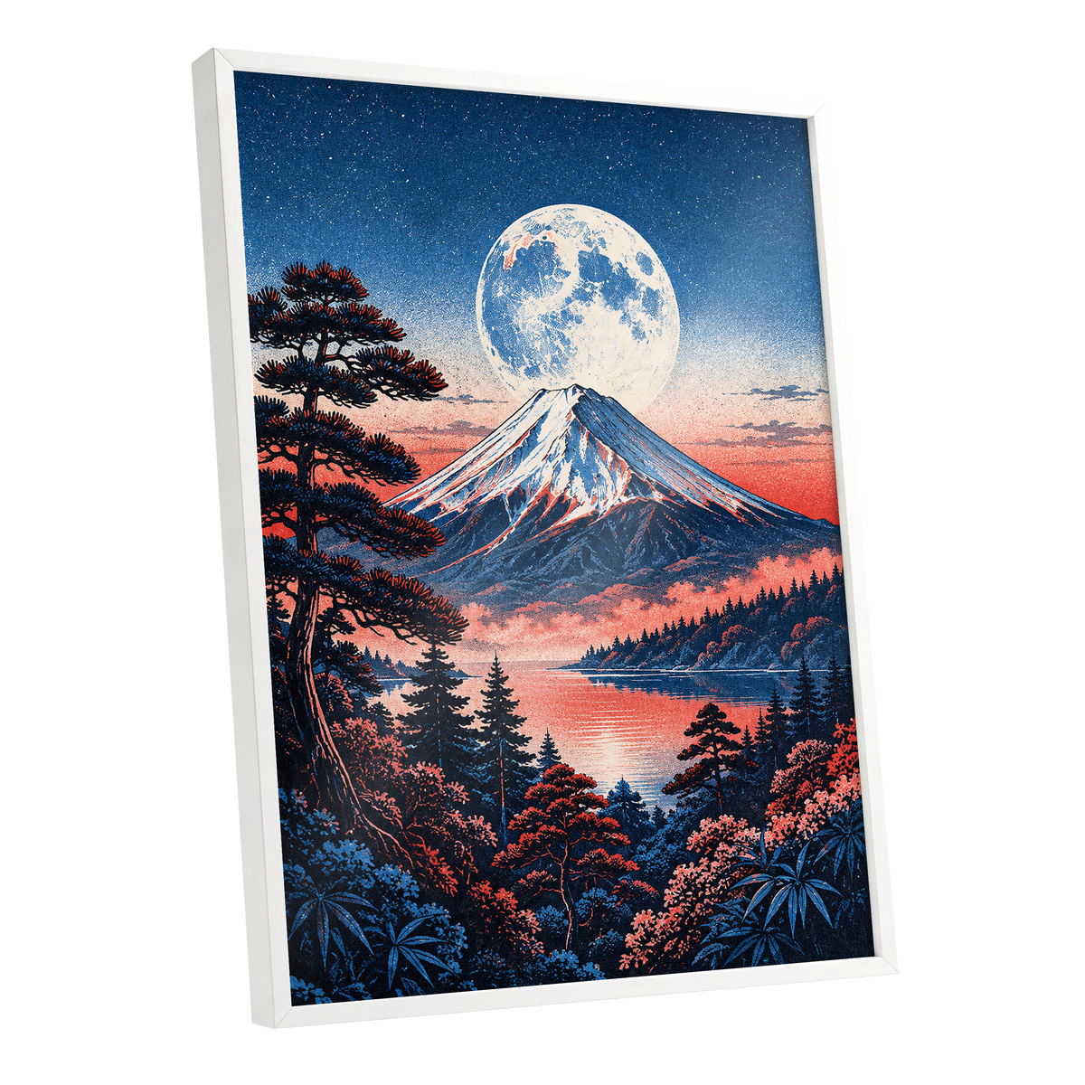 Coral Moonrise, blue, black, pink nature wall art shown as a white framed poster wall art print