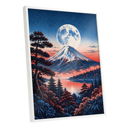 Coral Moonrise, blue, black, pink nature wall art shown as a white framed poster wall art print