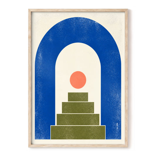 Coral Orb and Olive Steps, blue, beige, green minimalist wall art, front artwork view